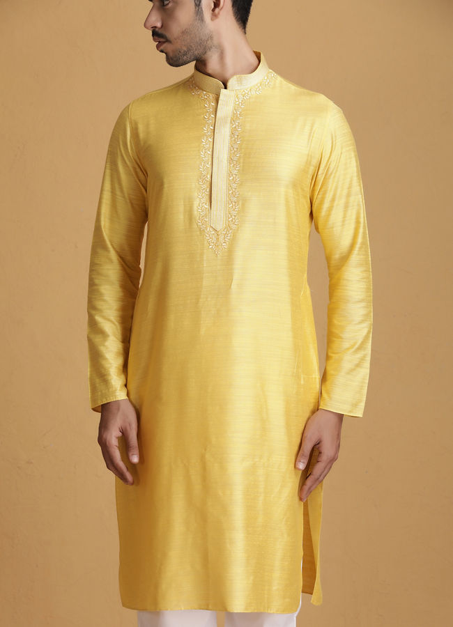 Lemon Yellow Kurta Set With Collar And Placket Embroidery image number 0